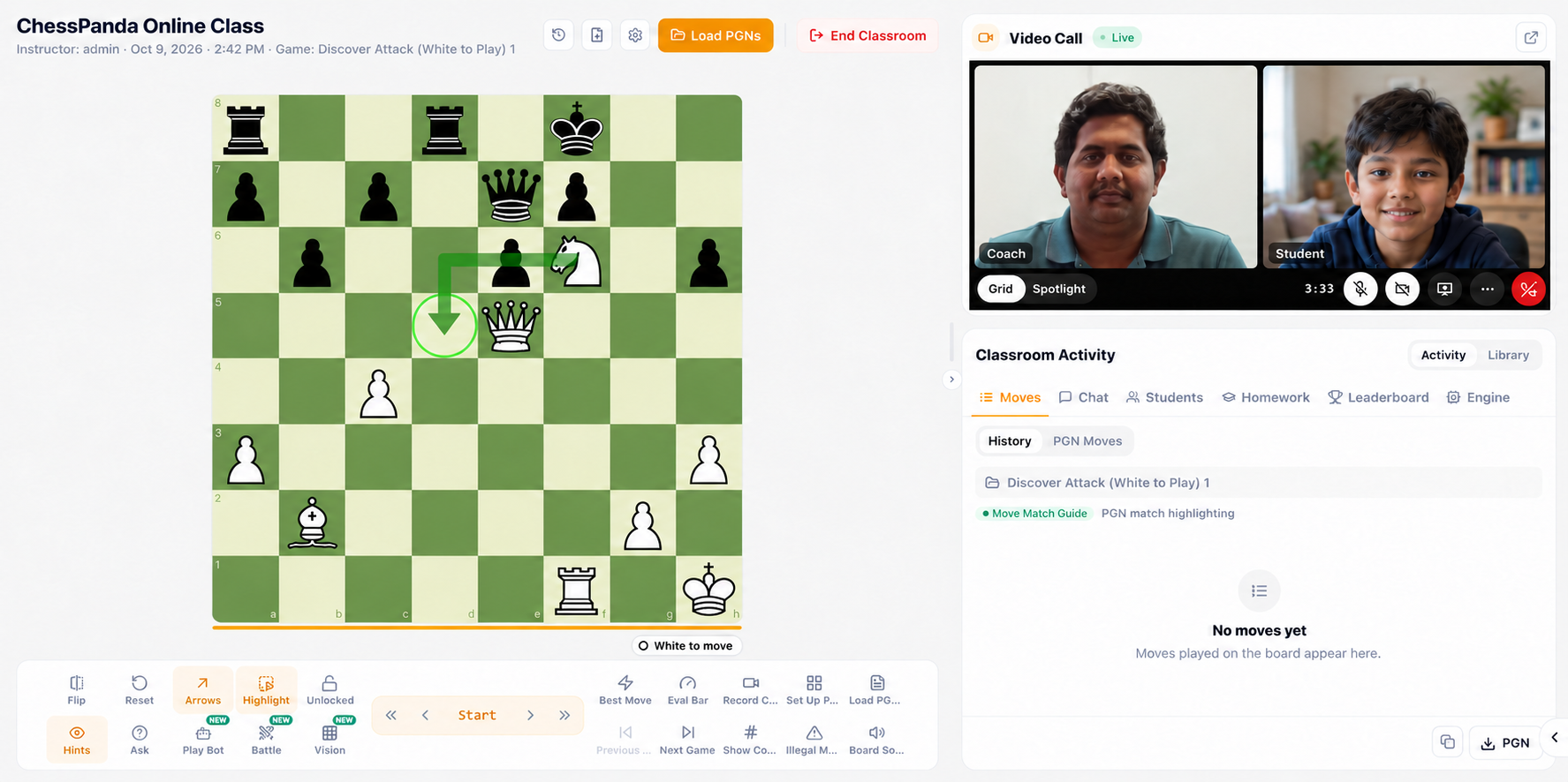 A Chess Panda live online class: coach and student on a video call beside a shared digital chessboard
