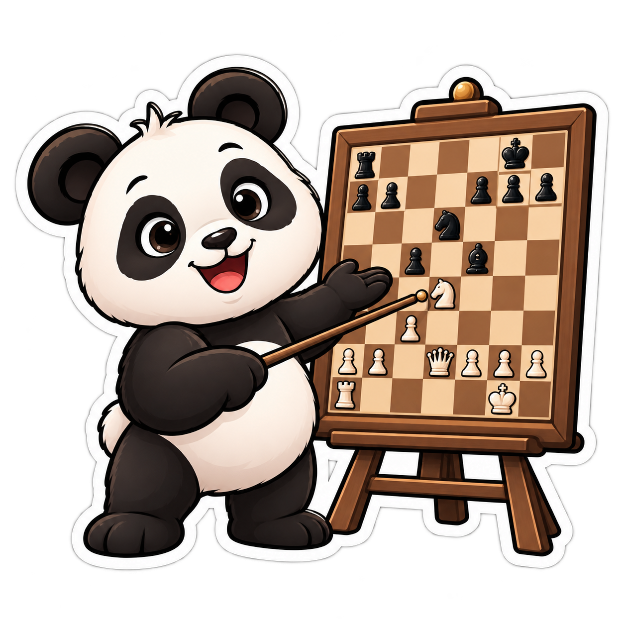Chess Panda mascot teaching at a chessboard